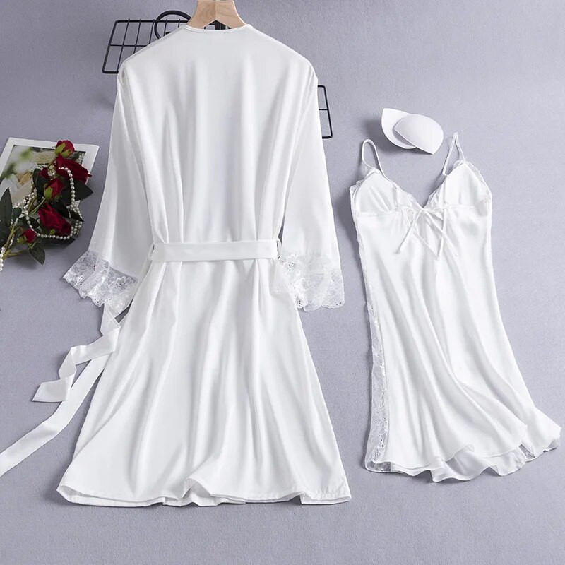 Νύφη Λευκό Σετ μπουρνούζι 2 τμχ Καλοκαιρινό δαντελένιο κοστούμι ρόμπα κιμονό Σέξι γυναικεία υπνοδωμάτια Νυχτικά Σαλόνια Σατέν Ρούχα σπιτιού