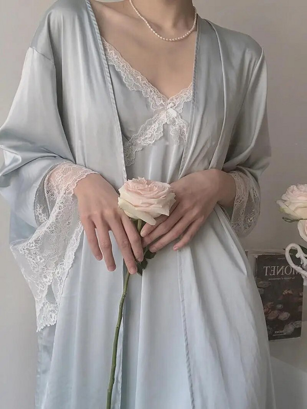 Unikiwi Vintage Naine Helesinine Pehme Satiinist hommikumantel/Öökleit Naiste Printsessi Öösärgid Pitsilised pidžaamad Magamisriided Naiste riided