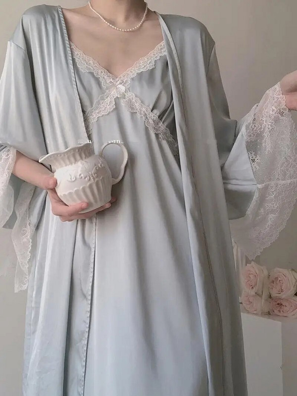 Unikiwi Vintage Naine Helesinine Pehme Satiinist hommikumantel/Öökleit Naiste Printsessi Öösärgid Pitsilised pidžaamad Magamisriided Naiste riided