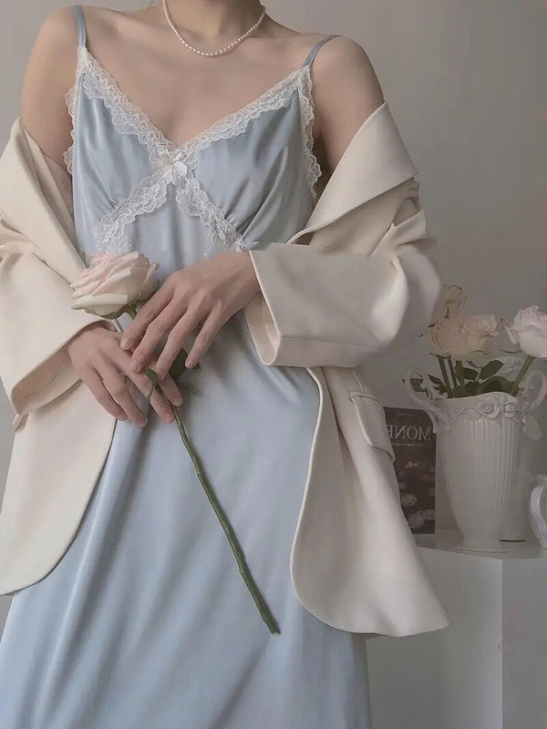 Unikiwi Vintage Naine Helesinine Pehme Satiinist hommikumantel/Öökleit Naiste Printsessi Öösärgid Pitsilised pidžaamad Magamisriided Naiste riided