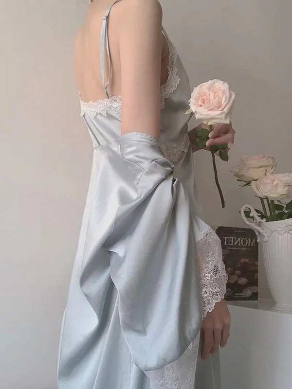 Unikiwi Vintage Naine Helesinine Pehme Satiinist hommikumantel/Öökleit Naiste Printsessi Öösärgid Pitsilised pidžaamad Magamisriided Naiste riided