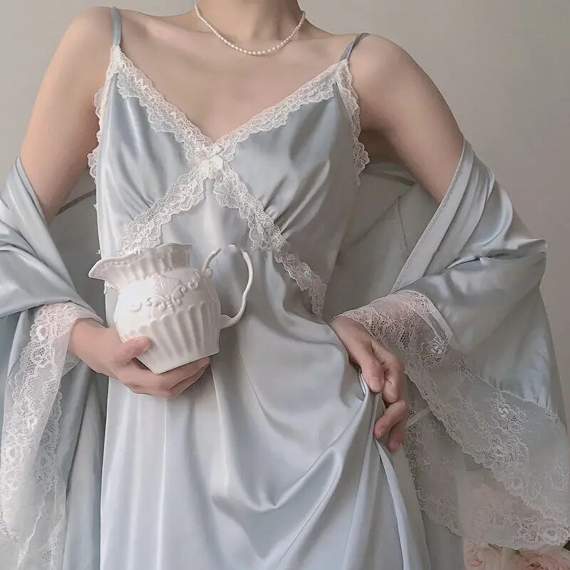 Unikiwi Vintage Naine Helesinine Pehme Satiinist hommikumantel/Öökleit Naiste Printsessi Öösärgid Pitsilised pidžaamad Magamisriided Naiste riided