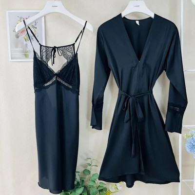 Seksikas öösärk, musta pitsiga äärisega magamisriided, naiste satiinist hommikumantli komplekt, seljata öösärk intiimpesu kimono hommikumantel puhkeriided