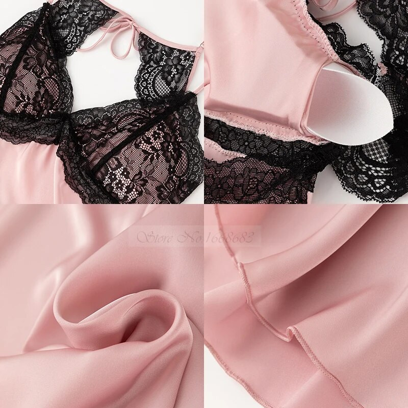 Seksikas öösärk, musta pitsiga äärisega magamisriided, naiste satiinist hommikumantli komplekt, seljata öösärk intiimpesu kimono hommikumantel puhkeriided