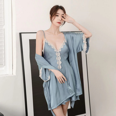 Moteriškas chalatas, dviejų dalių komplektas. Seksualus, nėriniuotas miegui skirtas marškinys, kelnaitės, naktinis marškinys Laisvas, laisvalaikis viskozė chalatas Namų suknelė