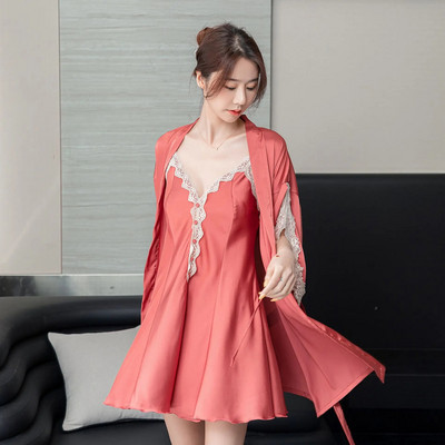 Moteriškas chalatas, dviejų dalių komplektas. Seksualus, nėriniuotas miegui skirtas marškinys, kelnaitės, naktinis marškinys Laisvas, laisvalaikis viskozė chalatas Namų suknelė