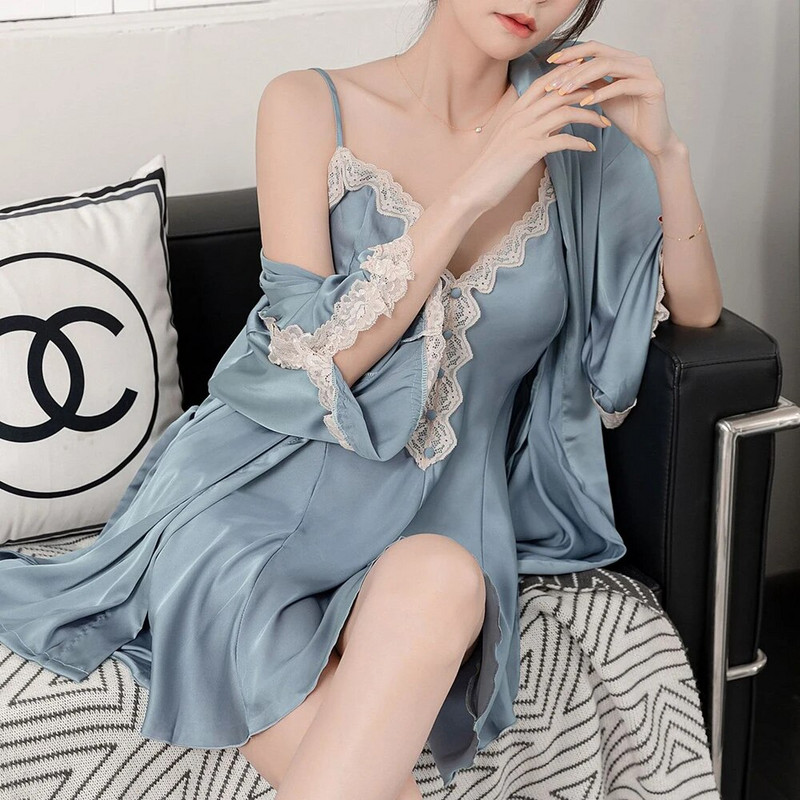 Moteriškas chalatas, dviejų dalių komplektas. Seksualus, nėriniuotas miegui skirtas marškinys, kelnaitės, naktinis marškinys Laisvas, laisvalaikis viskozė chalatas Namų suknelė