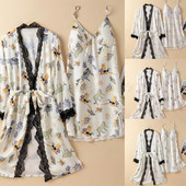 Prindi Magamisriided Jääsiidist hommikumantli komplekt Naistele Seksikas pitsist lapiline kimono kleit Salongiriided Supender Öösärk Suvine Kevadine hommikumantel