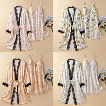 Спално облекло с принтове Ice Silk Robe Set Дамска секси дантелена пачуърк кимоно рокля Дамско облекло Нощница с тиранти Лятна пролет Халат за баня
