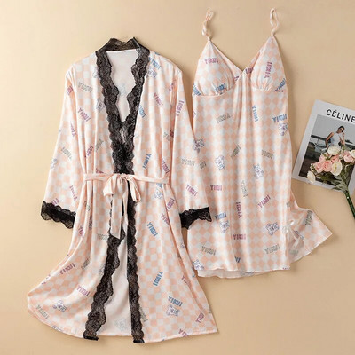 Prindi Magamisriided Jääsiidist hommikumantli komplekt Naistele Seksikas pitsist lapiline kimono kleit Salongiriided Supender Öösärk Suvine Kevadine hommikumantel