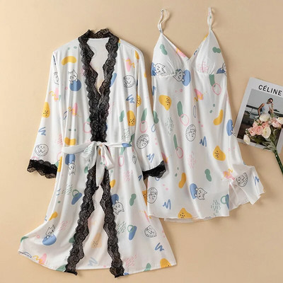 Prindi Magamisriided Jääsiidist hommikumantli komplekt Naistele Seksikas pitsist lapiline kimono kleit Salongiriided Supender Öösärk Suvine Kevadine hommikumantel