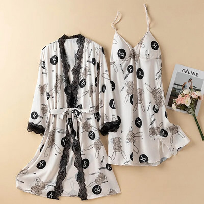 Prindi Magamisriided Jääsiidist hommikumantli komplekt Naistele Seksikas pitsist lapiline kimono kleit Salongiriided Supender Öösärk Suvine Kevadine hommikumantel