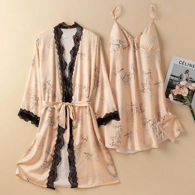 Prindi Magamisriided Jääsiidist hommikumantli komplekt Naistele Seksikas pitsist lapiline kimono kleit Salongiriided Supender Öösärk Suvine Kevadine hommikumantel