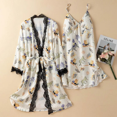 Prindi Magamisriided Jääsiidist hommikumantli komplekt Naistele Seksikas pitsist lapiline kimono kleit Salongiriided Supender Öösärk Suvine Kevadine hommikumantel