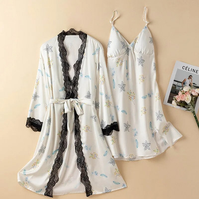 Prindi Magamisriided Jääsiidist hommikumantli komplekt Naistele Seksikas pitsist lapiline kimono kleit Salongiriided Supender Öösärk Suvine Kevadine hommikumantel
