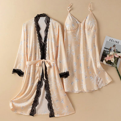 Prindi Magamisriided Jääsiidist hommikumantli komplekt Naistele Seksikas pitsist lapiline kimono kleit Salongiriided Supender Öösärk Suvine Kevadine hommikumantel