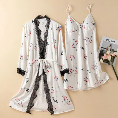 Prindi Magamisriided Jääsiidist hommikumantli komplekt Naistele Seksikas pitsist lapiline kimono kleit Salongiriided Supender Öösärk Suvine Kevadine hommikumantel