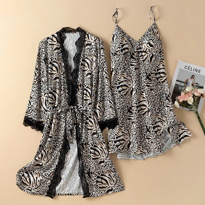 Prindi Magamisriided Jääsiidist hommikumantli komplekt Naistele Seksikas pitsist lapiline kimono kleit Salongiriided Supender Öösärk Suvine Kevadine hommikumantel