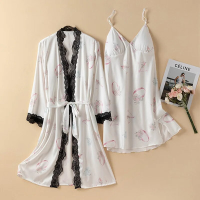 Prindi Magamisriided Jääsiidist hommikumantli komplekt Naistele Seksikas pitsist lapiline kimono kleit Salongiriided Supender Öösärk Suvine Kevadine hommikumantel