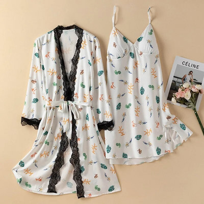 Prindi Magamisriided Jääsiidist hommikumantli komplekt Naistele Seksikas pitsist lapiline kimono kleit Salongiriided Supender Öösärk Suvine Kevadine hommikumantel