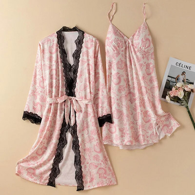 Prindi Magamisriided Jääsiidist hommikumantli komplekt Naistele Seksikas pitsist lapiline kimono kleit Salongiriided Supender Öösärk Suvine Kevadine hommikumantel