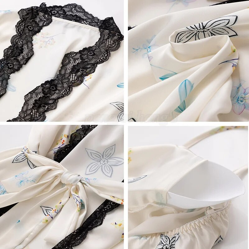 Prindi Magamisriided Jääsiidist hommikumantli komplekt Naistele Seksikas pitsist lapiline kimono kleit Salongiriided Supender Öösärk Suvine Kevadine hommikumantel