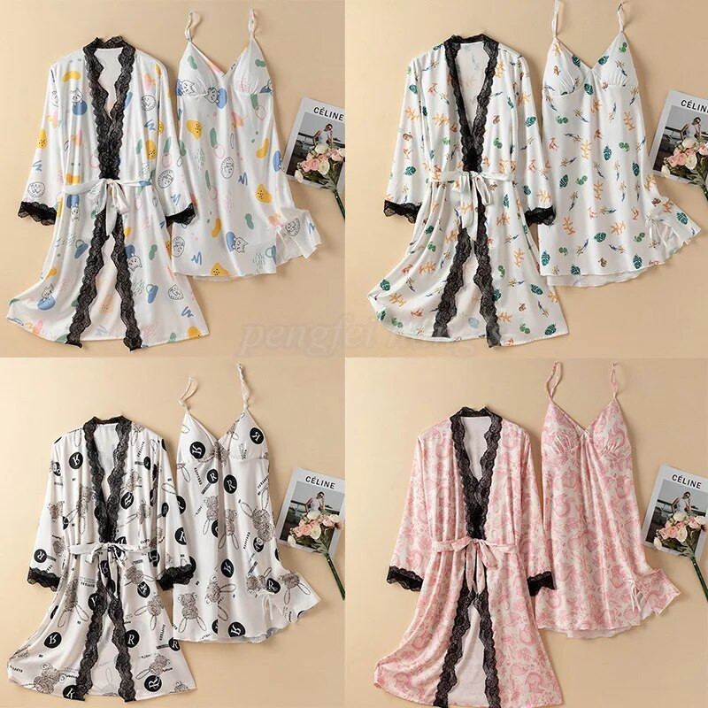 Prindi Magamisriided Jääsiidist hommikumantli komplekt Naistele Seksikas pitsist lapiline kimono kleit Salongiriided Supender Öösärk Suvine Kevadine hommikumantel