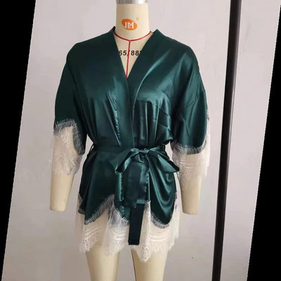 Moteriškas nėriniuotas chalatas su diržu, atlasinis kimono pamergių chalatas, vestuvių vakarėlio suknelė Seksualus naktinis marškinys