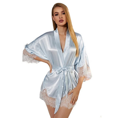 Moteriškas nėriniuotas chalatas su diržu, atlasinis kimono pamergių chalatas, vestuvių vakarėlio suknelė Seksualus naktinis marškinys
