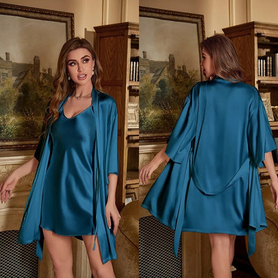 Dvodijelni kućni ogrtač Ženska spavaćica i ogrtač Komplet spavaćica Donje rublje Ljeto Dame Svilenkasti saten Kimono Odjeća za spavanje Kućna odjeća