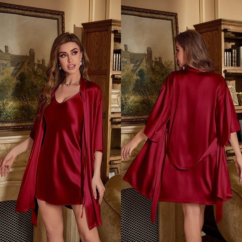 Dvodijelni kućni ogrtač Ženska spavaćica i ogrtač Komplet spavaćica Donje rublje Ljeto Dame Svilenkasti saten Kimono Odjeća za spavanje Kućna odjeća