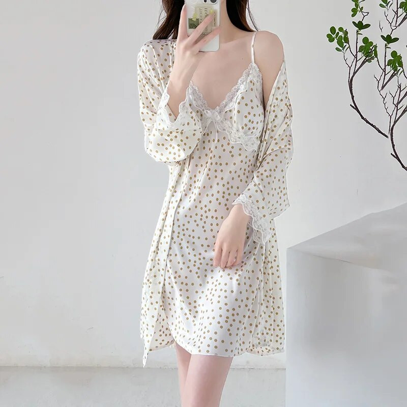 Kimono hommikumantel lahtise printimisega Dlot öösärk Kevadsuvi Naiste magamisriided Satiinist öösärk Kodukandmine Seksikas Twinset hommikumantli komplekt