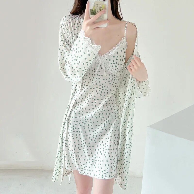 Kimono hommikumantel lahtise printimisega Dlot öösärk Kevadsuvi Naiste magamisriided Satiinist öösärk Kodukandmine Seksikas Twinset hommikumantli komplekt