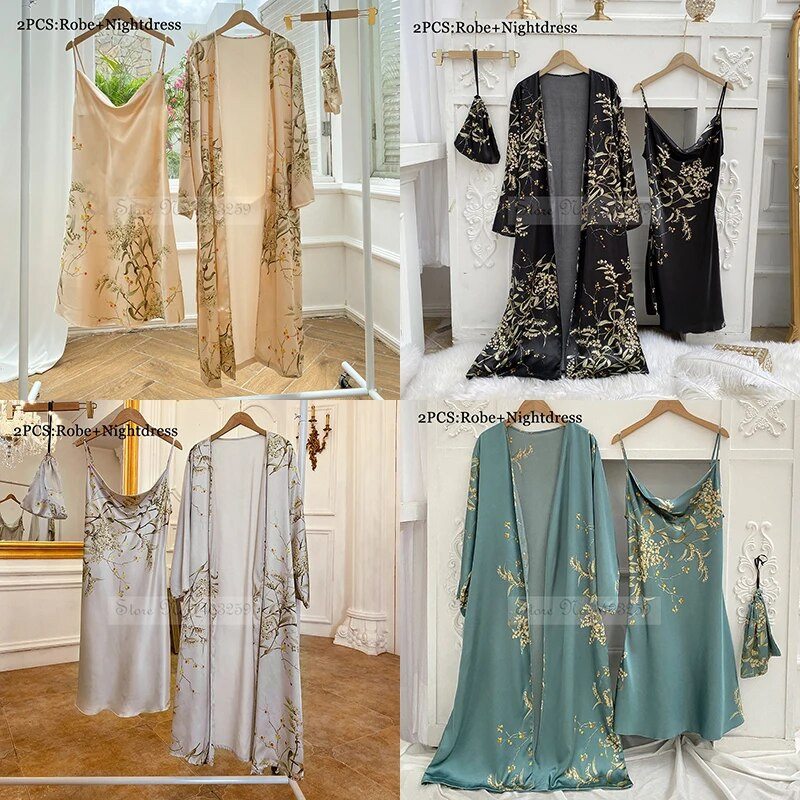 Noćna košulja na naramenice Donje rublje Seksi ženski dugi kućni ogrtač Ljetna spavaćica Široki print Trešnja Saten Kućna odjeća Komplet spavaćica