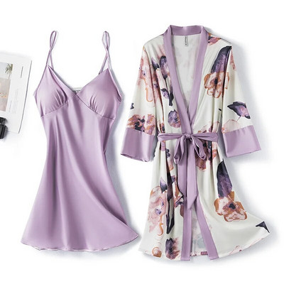 Seksikas Suspenderiga öösärk, mustriga lilleline Twinset hommikumantli komplekt Kevadsuvi magamisriided lahtine satiin kodukleit Naiste kimono hommikumantel