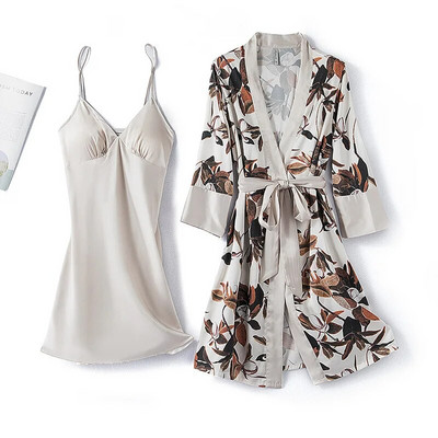 Seksikas Suspenderiga öösärk, mustriga lilleline Twinset hommikumantli komplekt Kevadsuvi magamisriided lahtine satiin kodukleit Naiste kimono hommikumantel