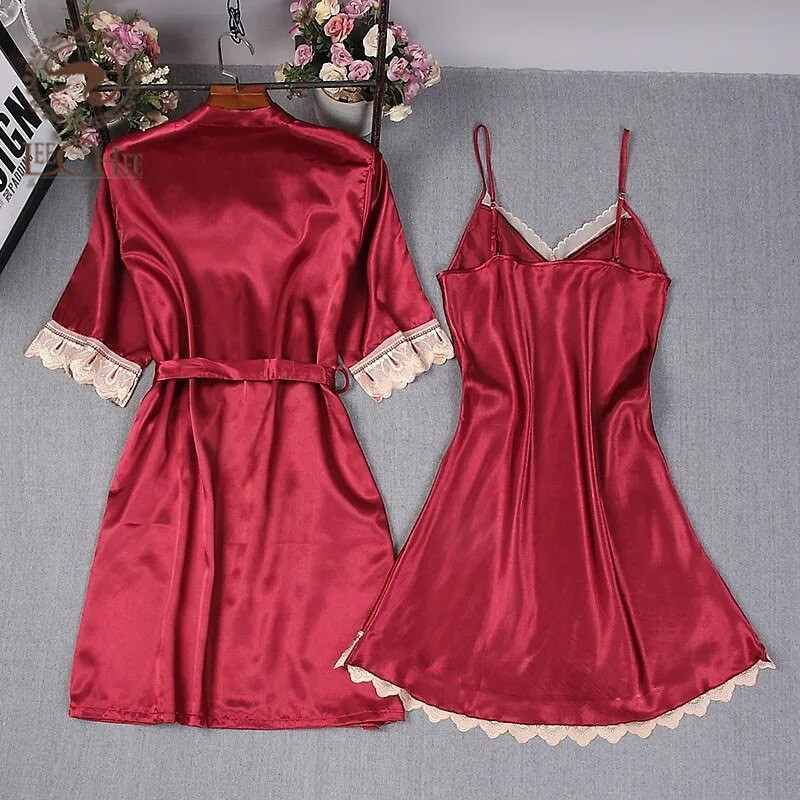 Γυναικείο μπουρνούζι Leechee 2τμχ Σπίτι κοστούμι με V λαιμόκοψη Rayon Suspender Nightgrowns Σέξι νυχτικό Μίνι ρόμπα κιμονό Πυτζάμες