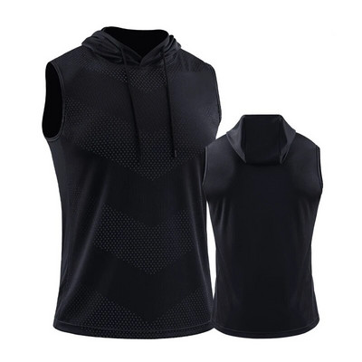 Vyrų bėgimo liemenė su gobtuvu Nauji vasaros sporto salės treniruočių marškinėliai be rankovių ledo šilko kūno rengybos viršutinės kūno dalies elastinės treniruočių viršus su gobtuvu
