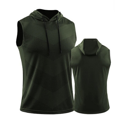 Vyrų bėgimo liemenė su gobtuvu Nauji vasaros sporto salės treniruočių marškinėliai be rankovių ledo šilko kūno rengybos viršutinės kūno dalies elastinės treniruočių viršus su gobtuvu