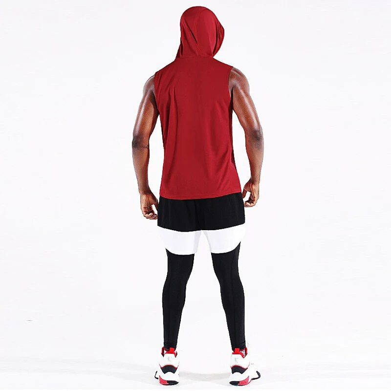 Vyrų bėgimo liemenė su gobtuvu Nauji vasaros sporto salės treniruočių marškinėliai be rankovių ledo šilko kūno rengybos viršutinės kūno dalies elastinės treniruočių viršus su gobtuvu