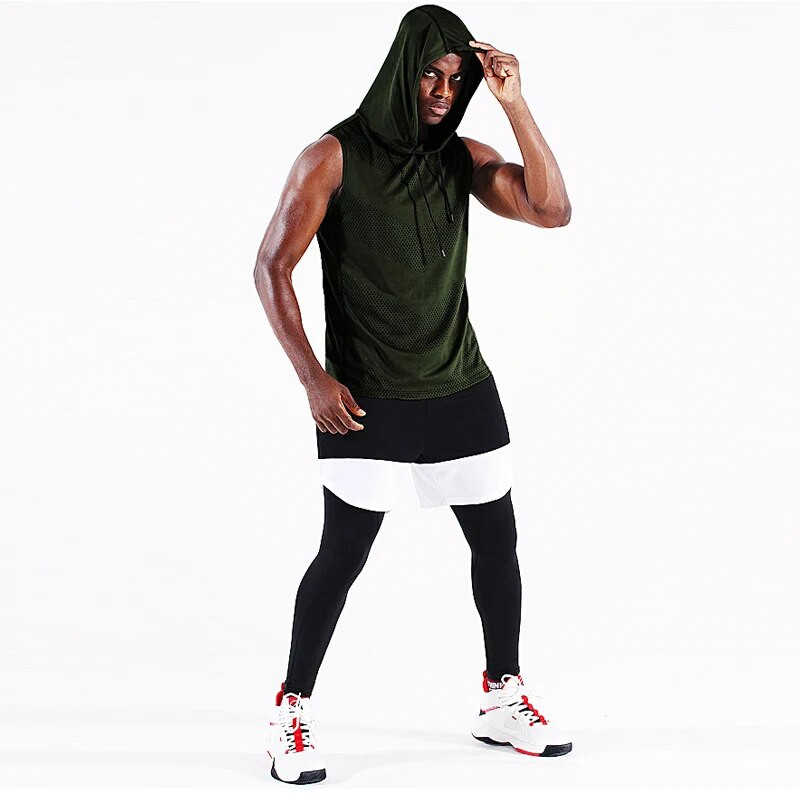 Vyrų bėgimo liemenė su gobtuvu Nauji vasaros sporto salės treniruočių marškinėliai be rankovių ledo šilko kūno rengybos viršutinės kūno dalies elastinės treniruočių viršus su gobtuvu
