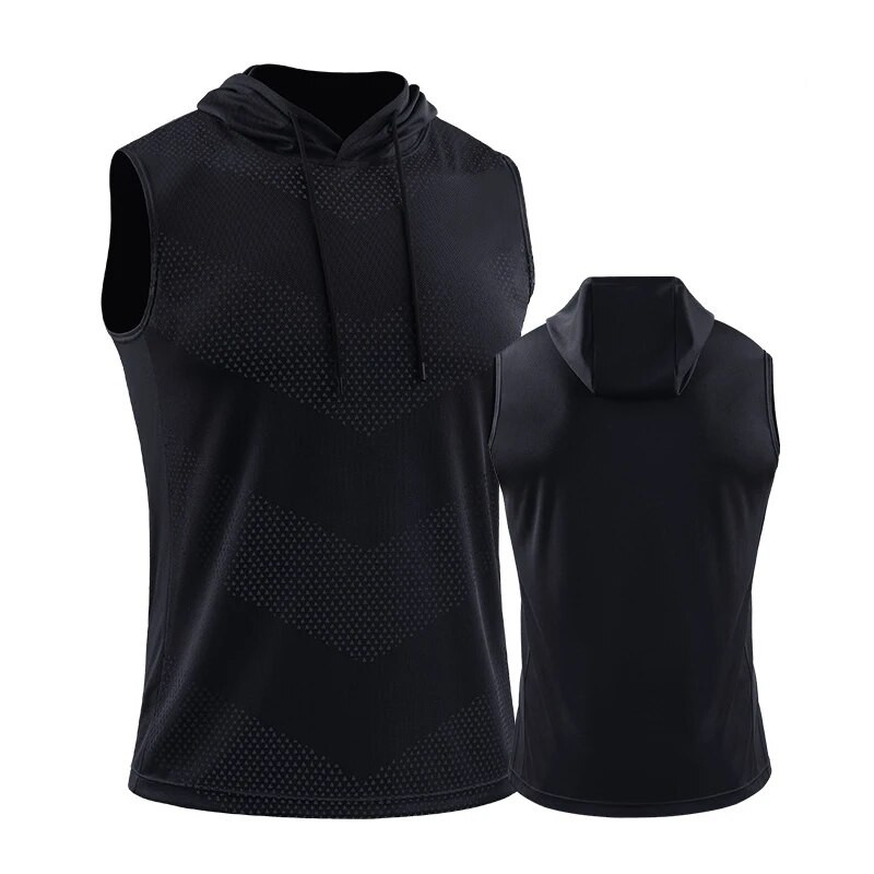 Vyrų bėgimo liemenė su gobtuvu Nauji vasaros sporto salės treniruočių marškinėliai be rankovių ledo šilko kūno rengybos viršutinės kūno dalies elastinės treniruočių viršus su gobtuvu