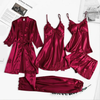 2023 Дамски комплекти пижами Сатенено спално облекло Коприна 4 части Нощно облекло Пижама с презрамка Дантелена пижама за сън с подплънки за гърдите