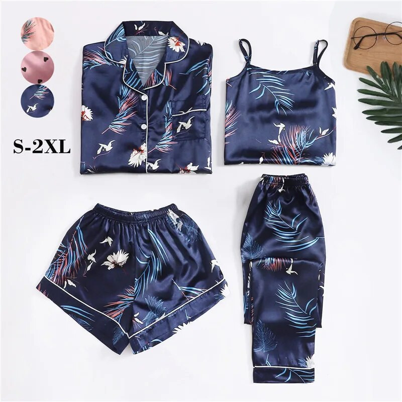 2023 Γυναικεία Σετ Πυτζάμες Σατέν Πυτζάμες Μεταξωτό 4 τεμάχια Νυχτικά Πυτζάμες Λουράκι Δαντέλα Sleep Lounge πιτζάμα με μαξιλαράκια στο στήθος