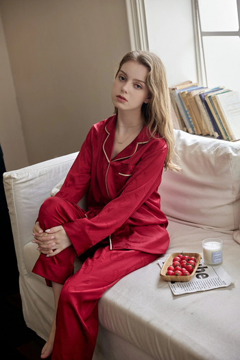 Απαλό σετ γυναικείων πιτζάμες με τύπωμα κόκκινης καρδιάς υψηλής ποιότητας δύο τεμαχίων με μακρύ μανίκι και μακρύ παντελόνι Άνετο ύπνο και καθημερινή ζωή