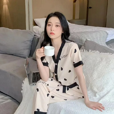 2023 m. vasaros moteriški pižamų komplektai Moteriški dirbtinio ledo šilko seksualūs namų drabužiai, laisvalaikio prabangūs 2 dalių korėjietiški ploni pižamos moteriški miegui