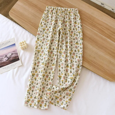 Moteriškos medvilninės krepinės pižamos kelnės, laisvos, elastinės juosmens, miegui skirtos apatinės, kvėpuojančios ir patogios namų poilsio apranga