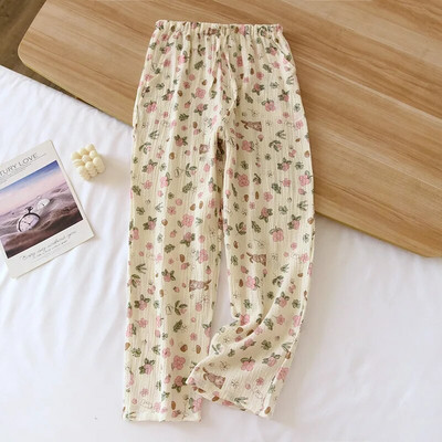 Moteriškos medvilninės krepinės pižamos kelnės, laisvos, elastinės juosmens, miegui skirtos apatinės, kvėpuojančios ir patogios namų poilsio apranga