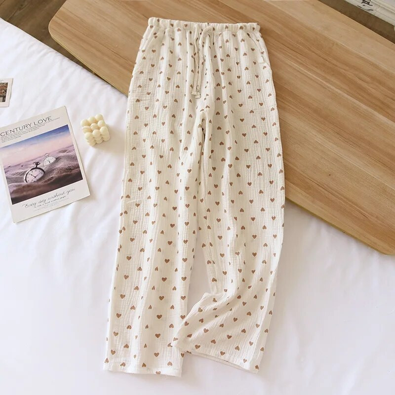 Moteriškos medvilninės krepinės pižamos kelnės, laisvos, elastinės juosmens, miegui skirtos apatinės, kvėpuojančios ir patogios namų poilsio apranga
