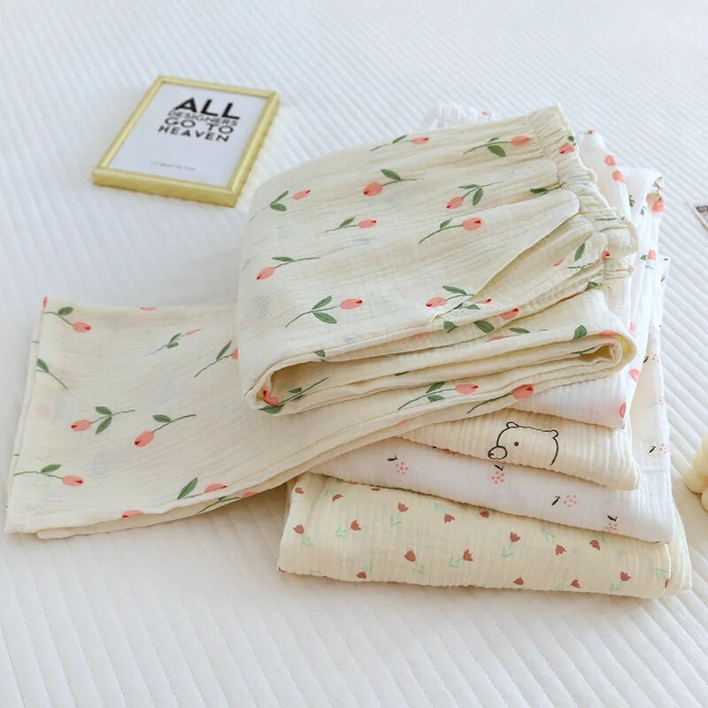 Nova pamučna jednostavna udobna široka kućna pidžama Hlače za žene Raznobojni cvijet s džepovima sa strane Slatke hlače za spavanje